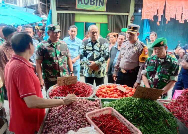 Dandim 0203/Langkat, Letkol Inf M Eko Prasetyo (kiri) saat meninjau pasar murah di Pasar Tavip, Kota Binjai.(Satunusantara news/HO-Kodim 0203/Langkat).