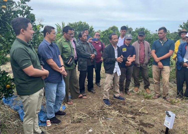 Ketua Koperasi Inovasi Agribisnis, Benly Saragih (tengah) menjelaskan fungsi smart farming tools untuk mendeteksi kondisi tanah dan cuaca.(Satunusantara news/HO-Humas PLN UID Sumut).