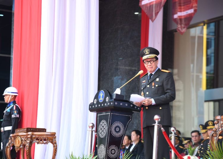 Menkumham, Yasonna H Laoly, saat menyampaikan sambutannya 
memperingati Hari Pengayoman ke- 79, di Lapangan Upacara Kemenkumham, Jakarta.(Satunusantara news/HO-Humas Kemenkumham Sumut).