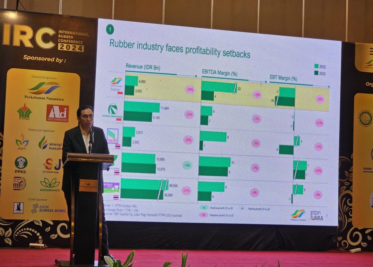 Kepala Pusat Penelitian Karet, Suroso Rahutomo, dalam International Rubber Conference 2024 yang digelar bersama International Rubber Research and Development Board (IRRDB) dan Japan International Cooperation Agency (JICA) di Royal Ambarukmo Hotel, Yogyakarta.(Satunusantara news/HO-Humas Perkebunan Nusantara PTPN III).