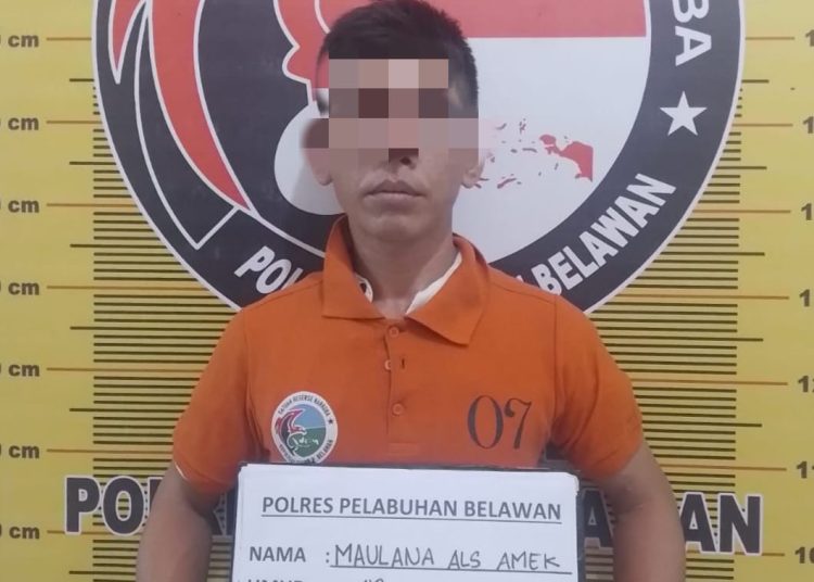 Polres Pelabuhan Belawan, mengamankan, ML (43) pengedar sabu-sabu di Kelurahan Kota Bangun, Belawan.(Satunusantara news/HO-Polres Belawan).,