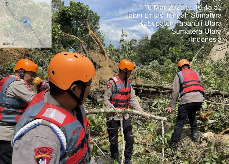 Personel SAR Batalyon C Pelopor Satuan Brimob Polda Sumut dikerahkan melakukan pembersihan akses Jalan Lintas Sumatera di Desa Lobu Pining, Kecamatan Pahae Julu, Kabupaten Taput),tertutup material longsor akibat gempa bumi yang mengguncang wilayah tersebut. (Satunusantara news/HO-Brimob Polda Sumut).