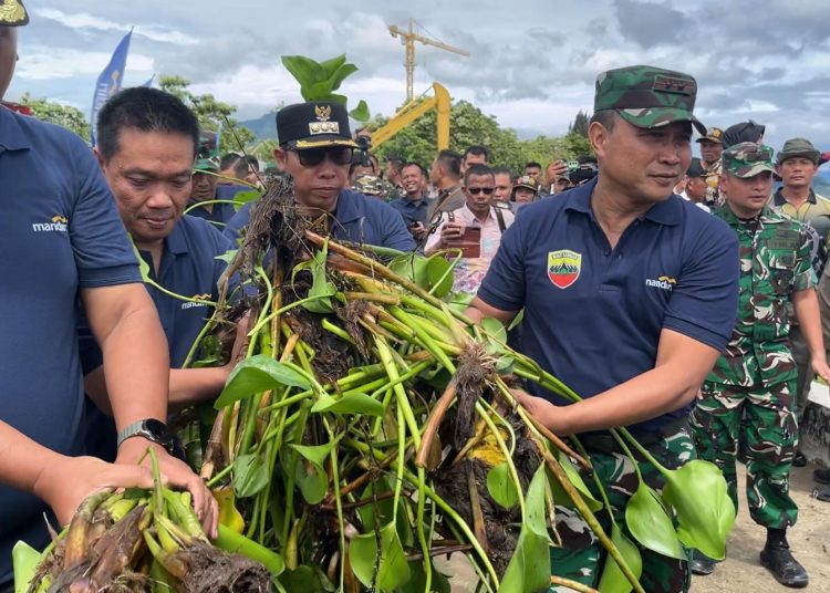 Pangdam I/BB,  Mayjen TNI Rio Firdianto (kanan)  turun langsung membersihkan eceng gondok di kawasan Danau Toba, Desa  Lumban Gaol, Kecamatan Balige, Kabupaten Toba.(Satunusantara news/HO-Pendam I/BB).