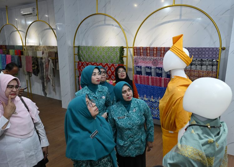Staf Ahli I TP PKK Sumut, Titiek Sugiharti (tengah) saat meninjau Galeri Dekranasda Tebingtinggi.(Satunusantara news/HO-Diskominfo Sumut).