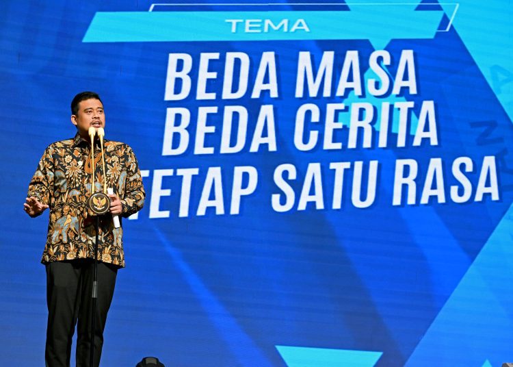 Gubernur Sumut,  Bobby Nasution, saat menyampaikan sambutan pada acara pelantikanPengurus Pusat IKAMA MATAULI Priode 2025-2029 di Aula Raja Inal Siregar Kantor Gubernur Sumut.(Satunusantara news/HO-Diskominfo Sumut).