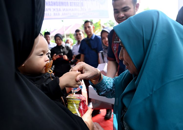 Staf Ahli I TP PKK Sumur, Titiek Sugiharti, (kanan) saat  meninjau dua Posyandu di Rantau Utara.(Satunusantara news/HO-Diskominfo Sumut).