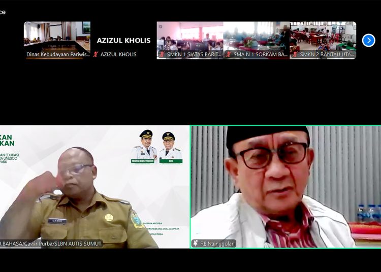 Kegiatan Sosialiasi dan Edukasi Toba Caldera UNESCO Global Geopark, yang digelar Dinas Kebudayaan Pariwisata dan Ekonomi Kreatif Sumut melalui platform Zoom Meeting.(Satunusantara news/HO-Diskominfo  Sumut).