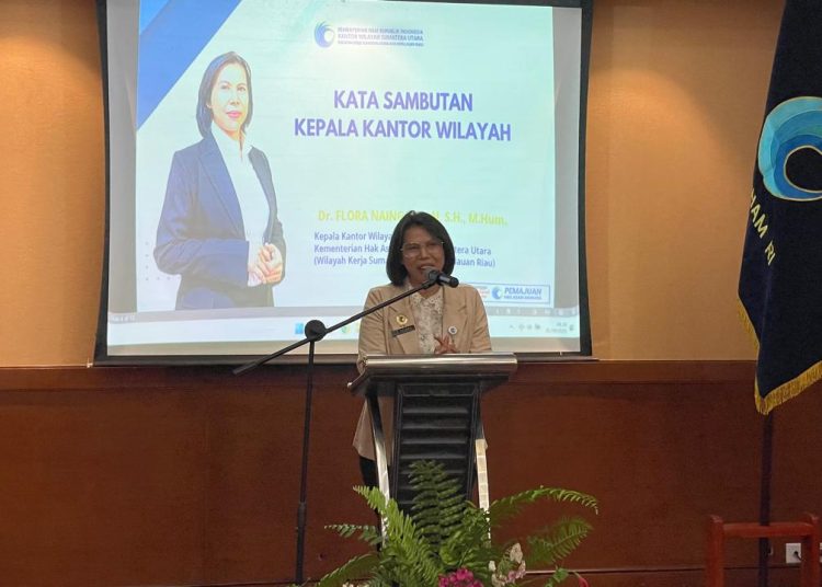 Kepala Kanwil KemenHAM Sumut-Kepri Flora Nainggolan, saat menyampaikan sambuatan.(Satunusantara news/HO-Kanwil KemenHAM Sumut).