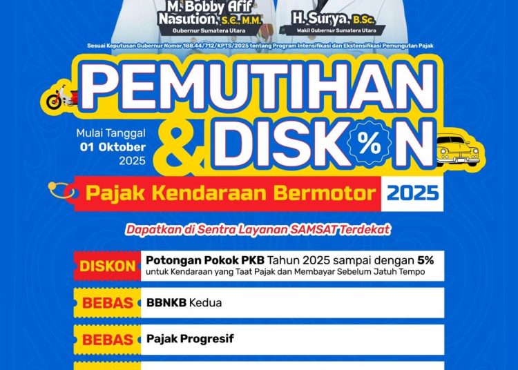 Pemprov Sumut memberikan kemudahan bagi masyarakat untuk melunasi PKB, bebas denda, diskon 5 persen, serta berbagai keringanan lainnya.(Satunusantara news/HO-Diskominfo Sumut).