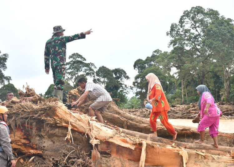 Personel TNI dibantu warga membangun embatan darurat yang terbuat dari batang kayu yang hanyut terbawa banjir dan kemudian disusun menjadi satu lintasan khusus untuk pejalan kaki,(Satunusantara news/HO-Pendam I/BB).