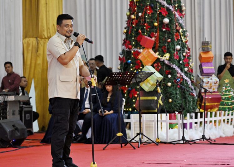 Gubernur  Sumut, Muhammad Bobby Afif Nasution, pada Perayaan Natal Keluarga Besar DPRD Sumut di Gedung Serbaguna PRSU Medan.(Satunusantara news/HO-Diskominfo Sumut).