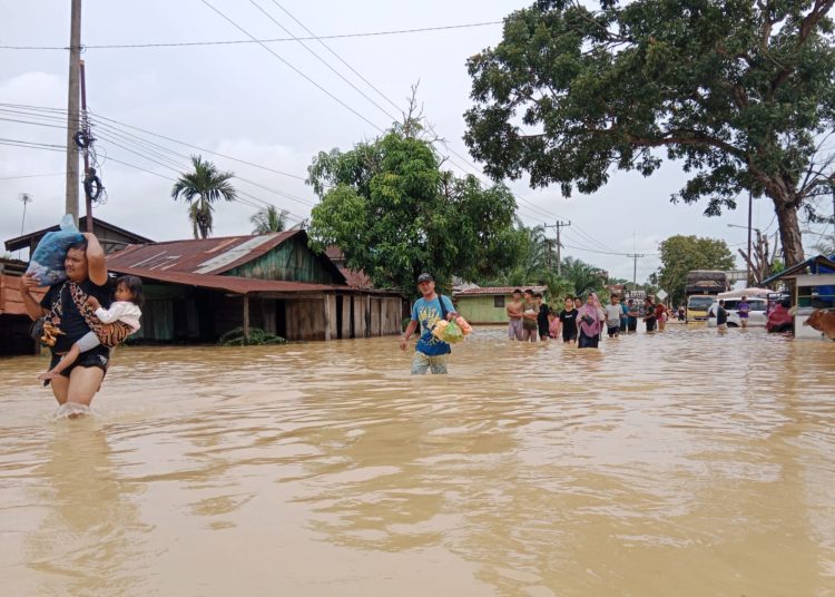 Warga  Desa Pematang Tengah, Kecamatan Tanjung Pura, Kabupaten Langkat, terpaksa harus mengungsi ke tempat aman akibat banjir merendam rumah mereka.(Satunusantara news/HO-Istimewa).