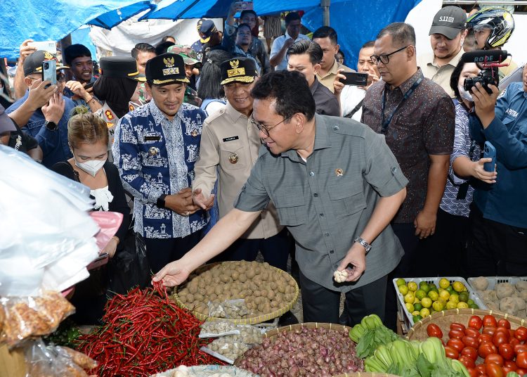 Wagub Sumut,  Surya (tengah) saat mendampingi Mendag RI Budi Santoso (kanan)  meninjau pasar tradisional dan modern di Kota Tebingtinggi, untuk memastikan harga kebutuhan pokok tetap stabil menjelang Idulfitri 1447 Hijriah.(Satunusantara news/HO-Diskominfo Sumut).