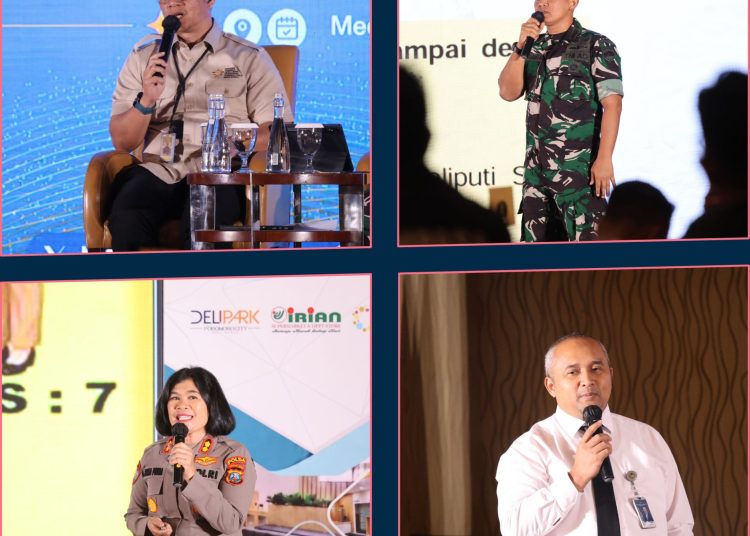 Kepala BP3MI Sumut, Kombes Pol. Budi Novijanto, SH (kiri atas), Wakil Asisten Teritorial Kepala Staf Kodam I/BB Letkol Inf. Restu Petrus Simbolon (kanan atas), Kasubdit Bhabinkamtibmas Dit Binmas Polda Sumut, AKBP Dorma Purba (kiri bawah) dan Koordinator Fungsi Desa Binaan Imigrasi dan Petugas Imigrasi Pembina Desa Direktorat Intelijen Direktorat Jenderal Imigrasi, Iman Syafrizal (kanan bawah) saat acara sosilisasi di Hotel JW Marriott Medan.(Satunusantara news/HO-Kanwil Imigrasi Sumut).